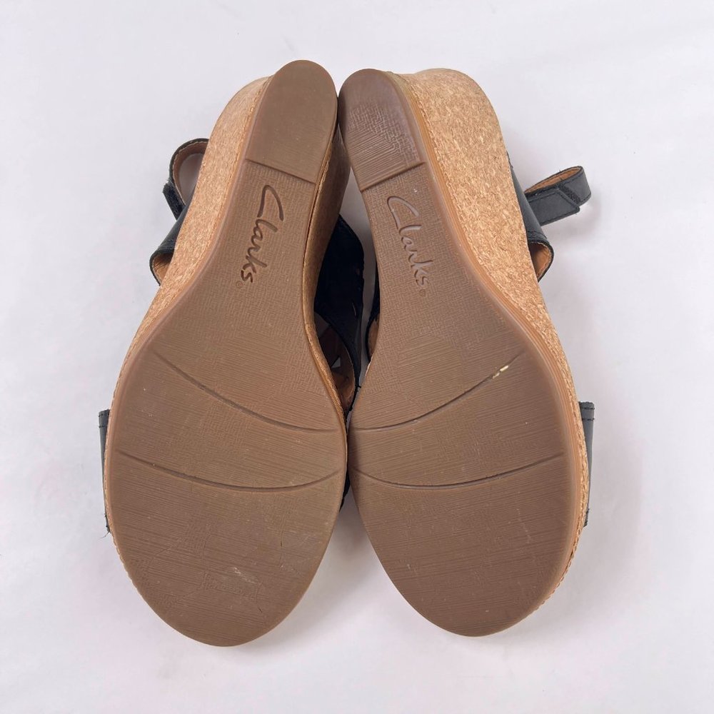 Clarks Black Tooled Leather Slingback Open Toe Cork Wedge Slide Sandals Size 11 - Picture 8 of 9